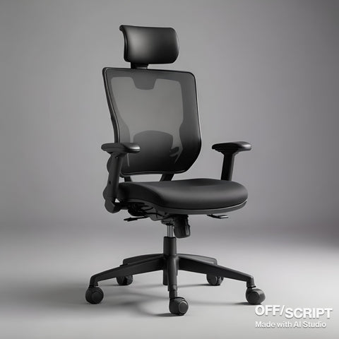 Ergonomic office chair, sleek minimalism, matte black, with adjustable lumbar support, photographed against a neutral gray background